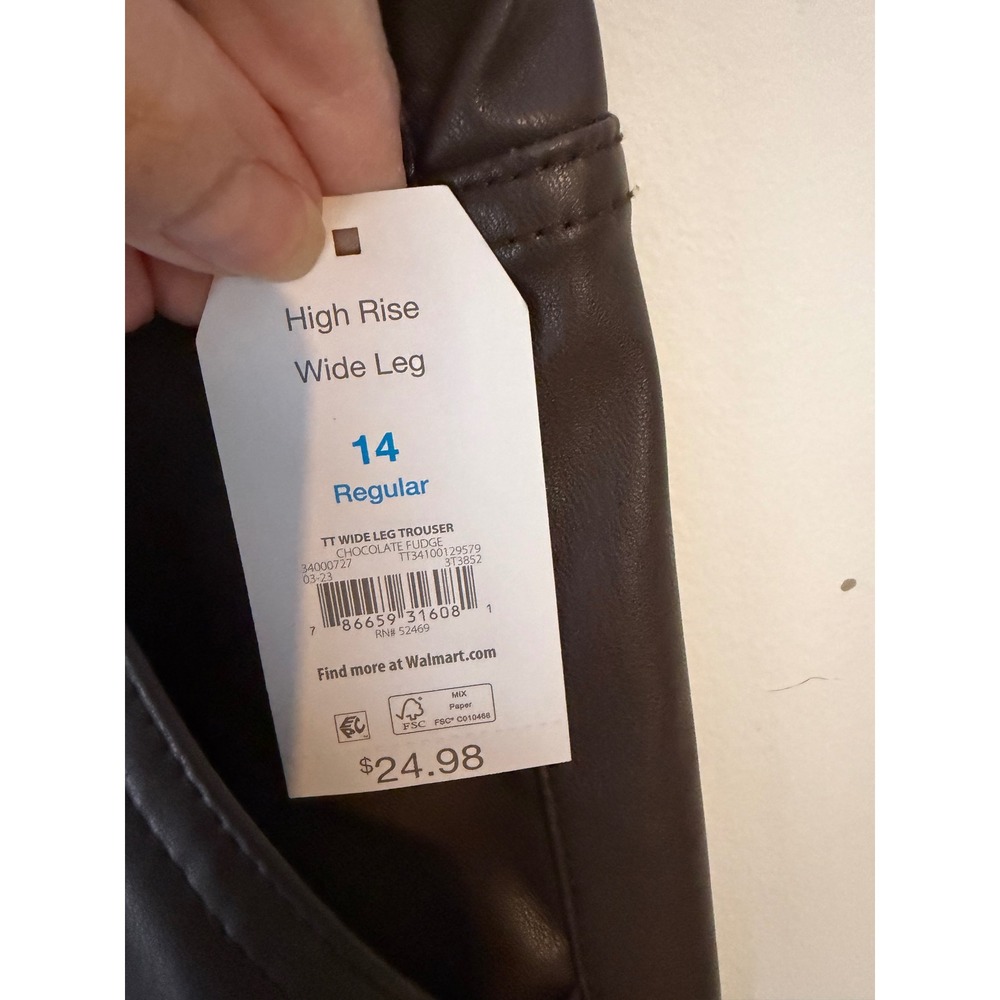Time and Tru Womens High Rise Wide Leg Faux Leather Trousers Chocolate Brown 14 - Picture 8 of 11